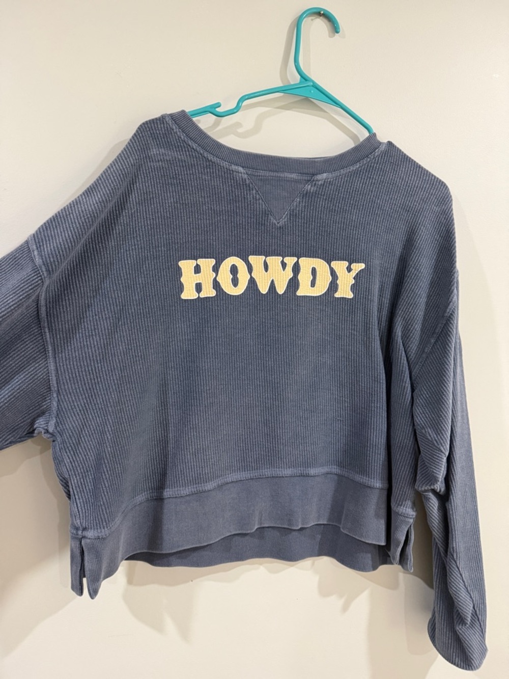 Chicka-d Ribbed Cropped Sweatshirt in Slate Blue with Cream Letters